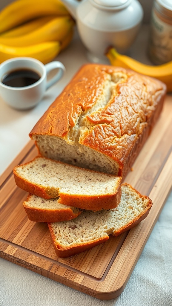 Sliced banana yogurt bread on a cutting board with a cup of coffee and bananas in the background.